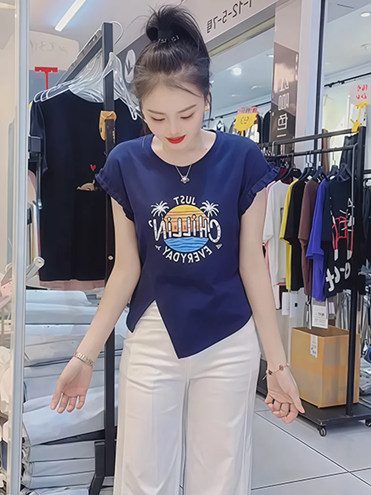 

Новая летняя женская футболка больших размеров с асимметричным подолом ort Sve, повседневный корейский топ с буквенным принтом из чистого хлопка