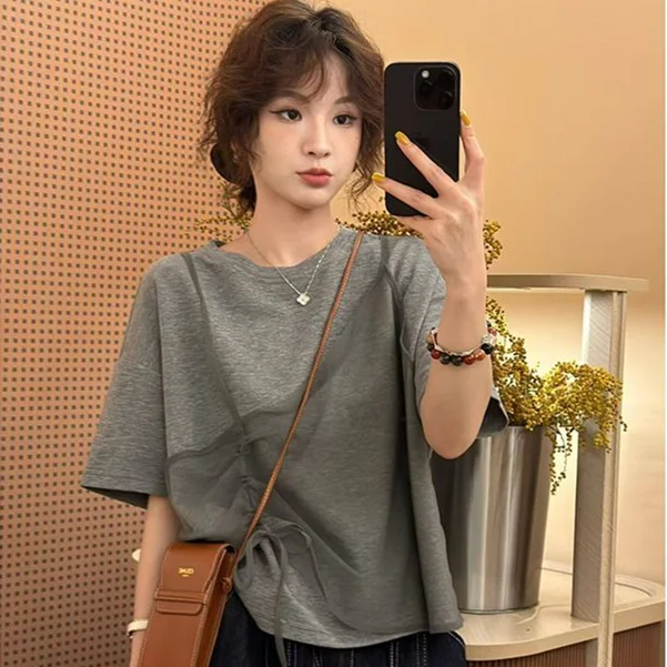 European Style round Neck Fake Two-Piece Short Sleeve T-Shirt Women's Fashion Slimming Pleated Top Cleanfit Universal Fit Cot...