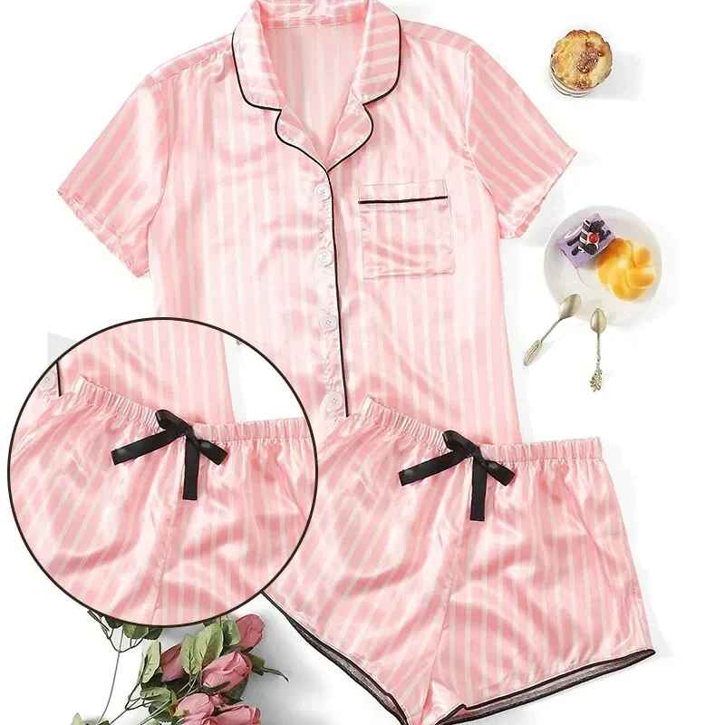 Women\'s Satin Short Sleeved Button up Shirt and Shorts Pajama Set Women\'s Casual Daily Home Striped Pajama Set