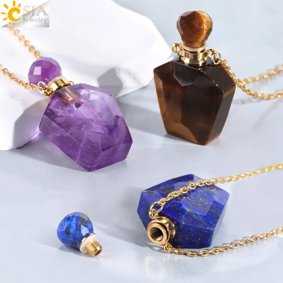 CSJA-collar con colgante difusor de Perfume, piedra Natural de cristal rosa, Vial de aceite esencial, joyería energética, regalo H540