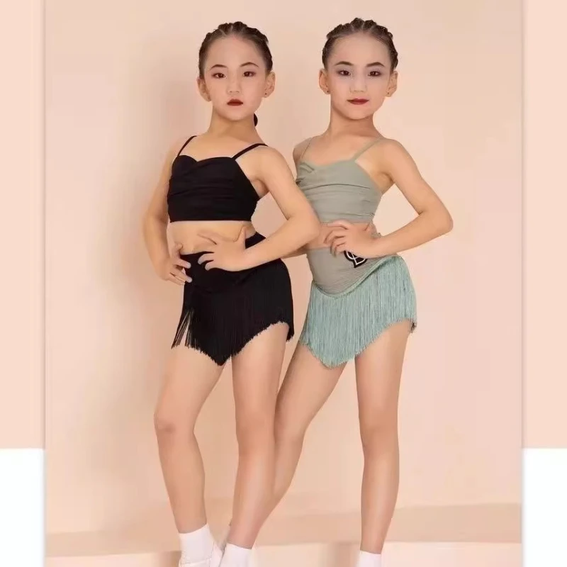 Kids Latin Dance Broekpak Kostuums Ballroom Plus Size Fringe Kwastje Jurk Broek Meisjes Salsa Samba Kinderen Podiumoutfits Kostuum