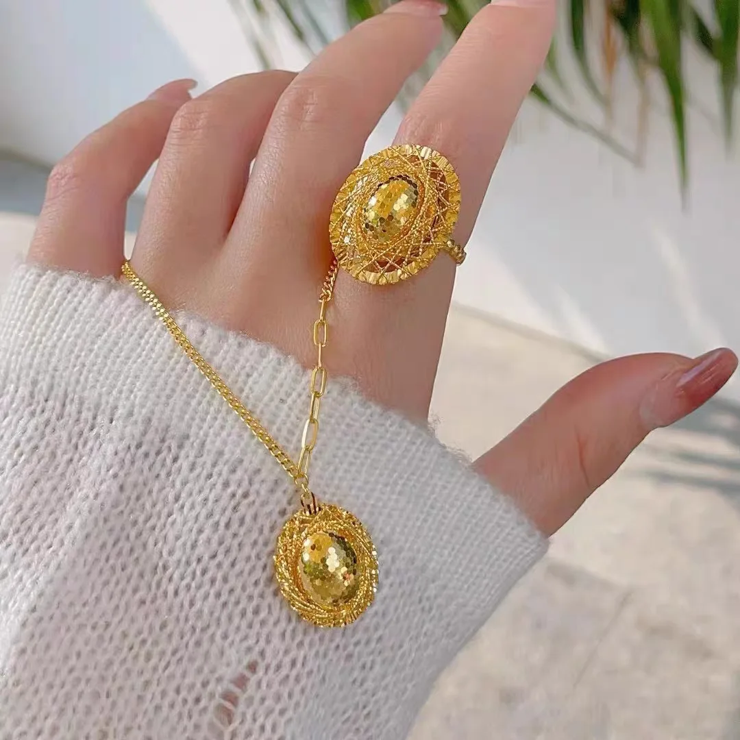Luxury 24K 9999 Pure Gold real gold Women's Oval Fish Scale Pigeon Egg Necklace Ring Set