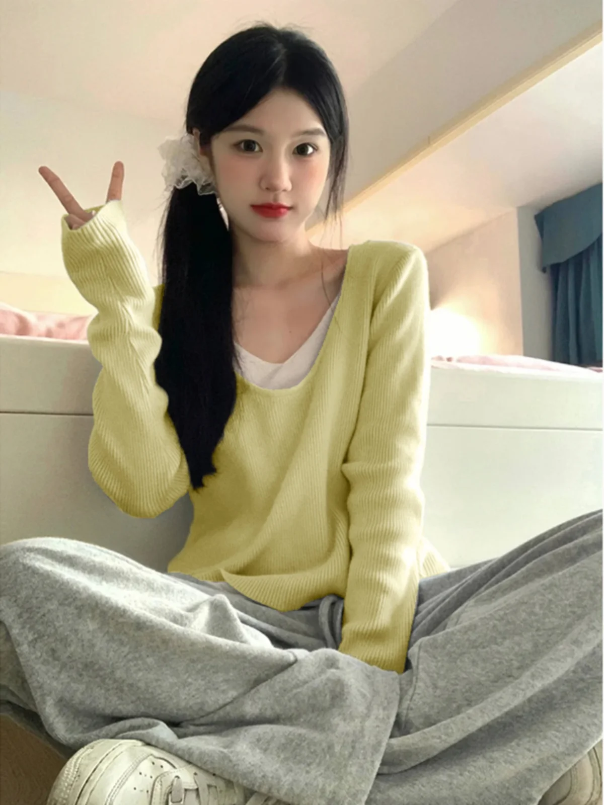 

Мягкий уютный желтый вязаный свитер, женский ранний весенний ленивый свитер Dopne, широкий свободный топ High-End V-ne Long Sve Top