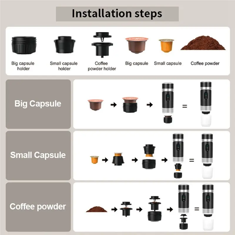 

Кофемашина B01C-Espresso, 20 бар, портативная, 80 мл, с функцией самонагрева, для путешествий и офиса, совместимость с молотым кофе и капсулами