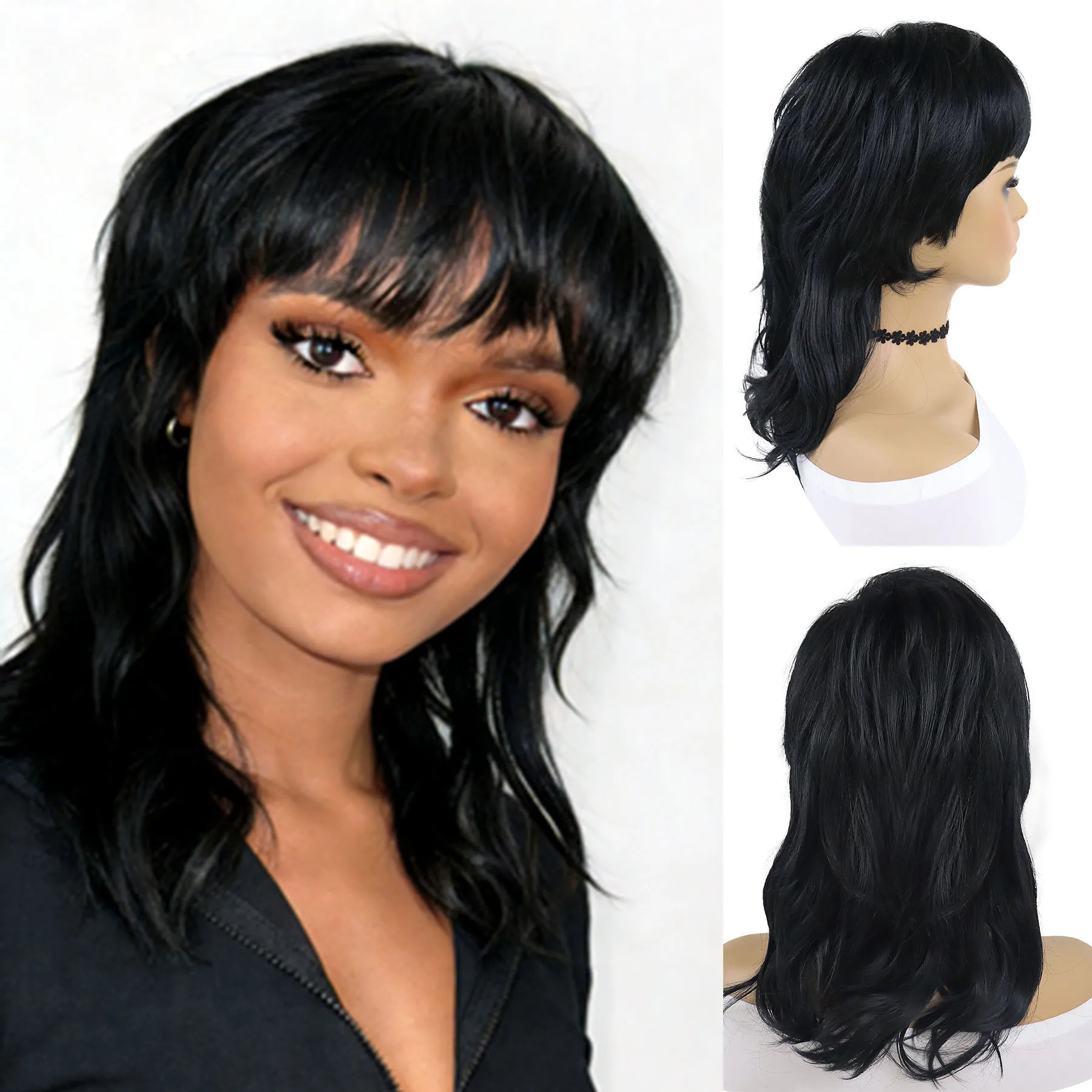 

Synthetic Natural Black Mullet Wigs for Black Women Layered Straight Wolf Cut Wig Cosplay Long Wig with Bangs Daily Rock Party