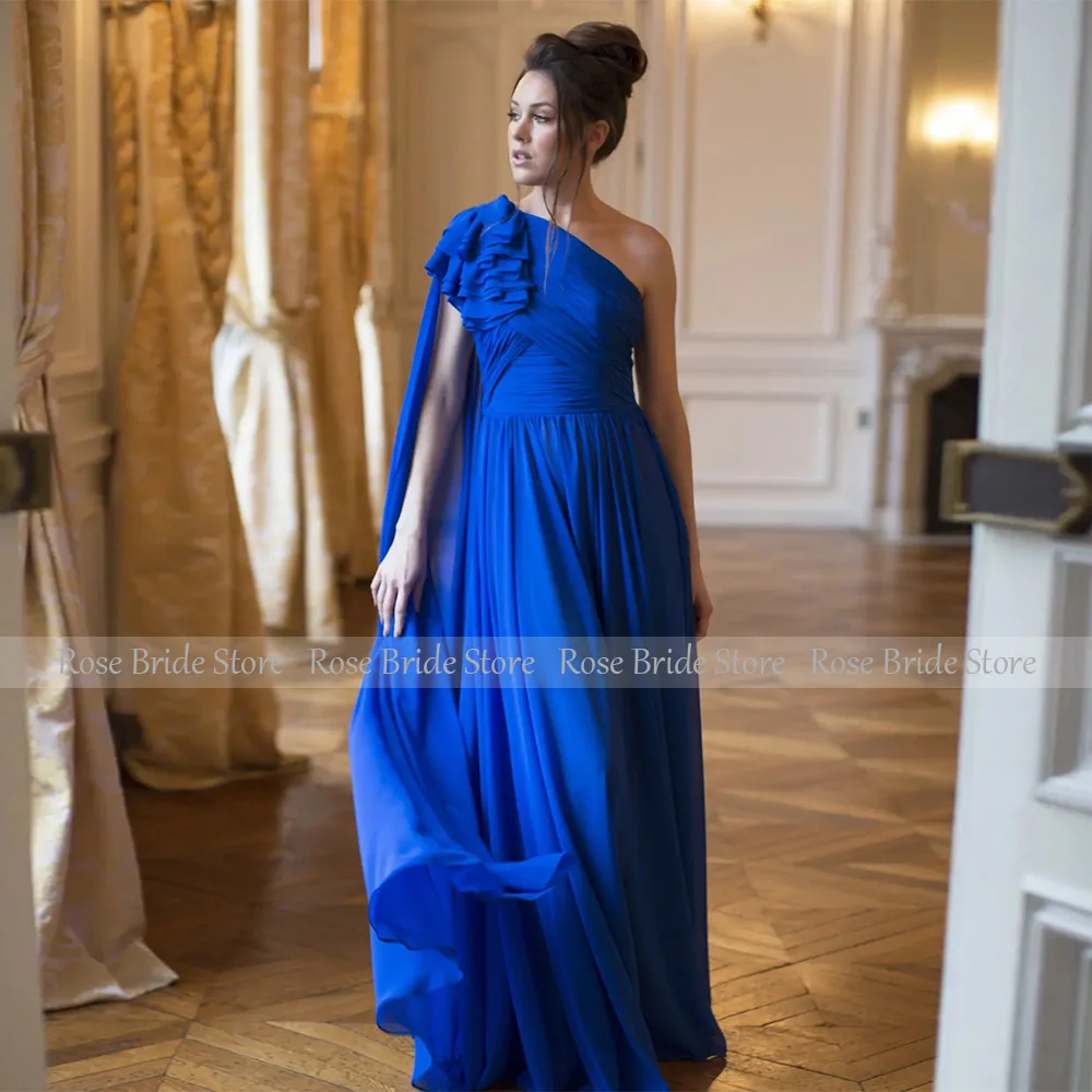 Dark Royal Blue Evening Dresses for Women One Shoulder Ruffle A Line Evening Gowns Long Sleeveless Chiffon Formal Party Dress