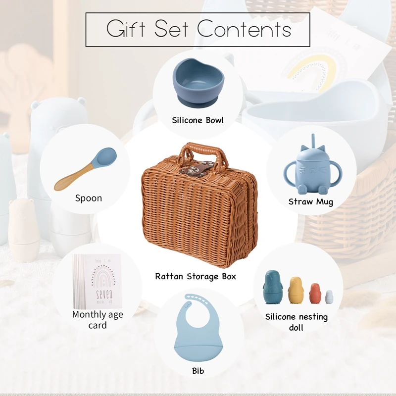 Baby Voeding Servies Box Set Siliconen Bib Cat Cup Siliconen Kom Lepel Stapelen Pop Speelgoed Baby Bpa Gratis Geboorte Vintage Box Geschenken