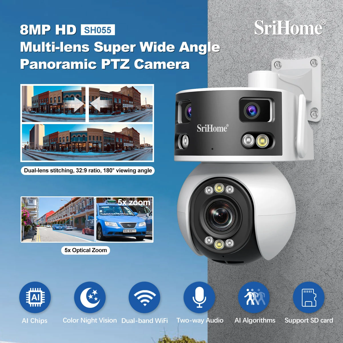 Srihome 3 Lens 2 SCREEN WiFi Outdoor Camera Outdoor 8MP HD 2.4G&5G WIFI Security Camera Human AI Auto Detect Tracking Cam