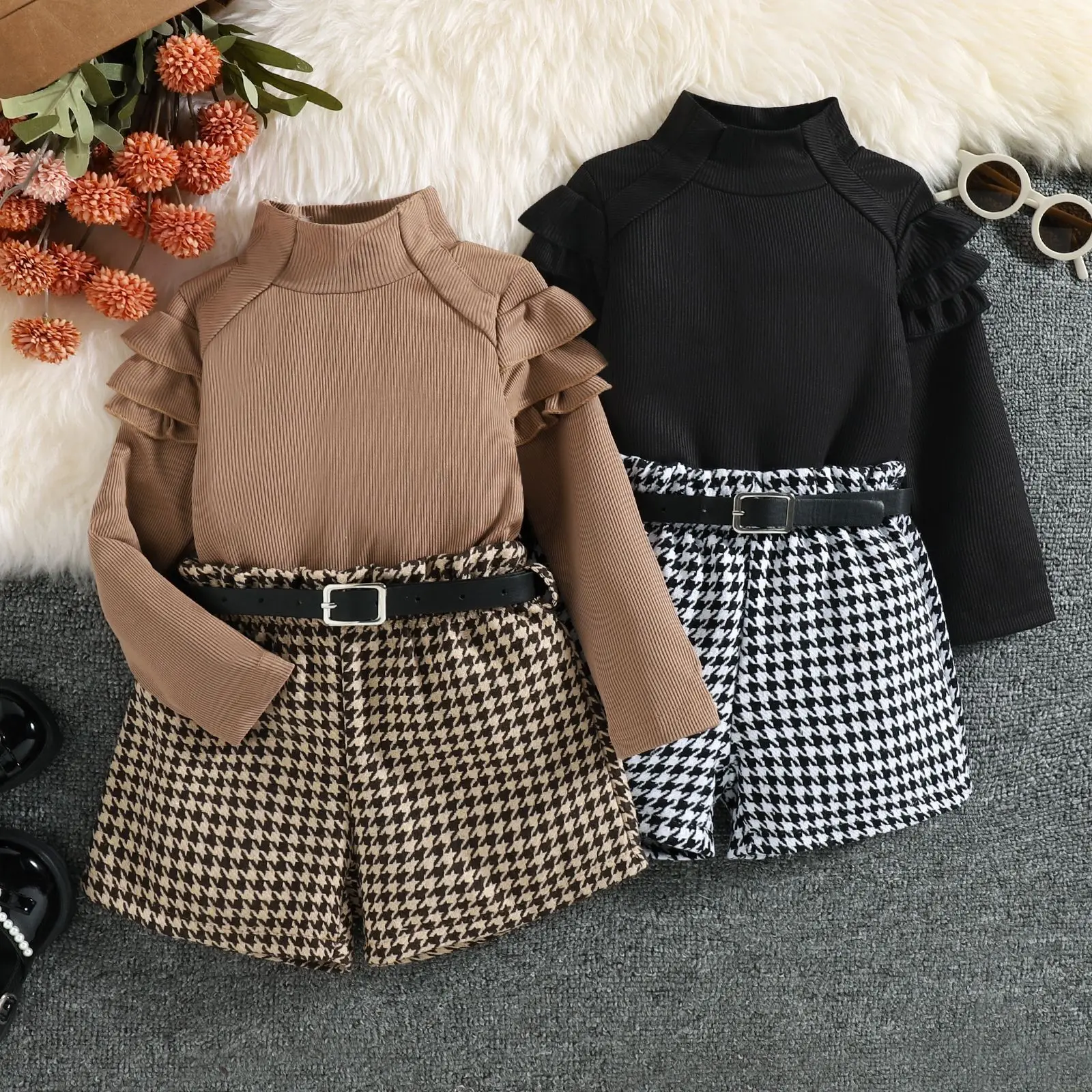 3Piece Fall Toddler Girl Clothes Korean Fashion High Collar Solid Long Sleeve Baby Tops+Shorts+Belt Luxury Kids Clothing BC870