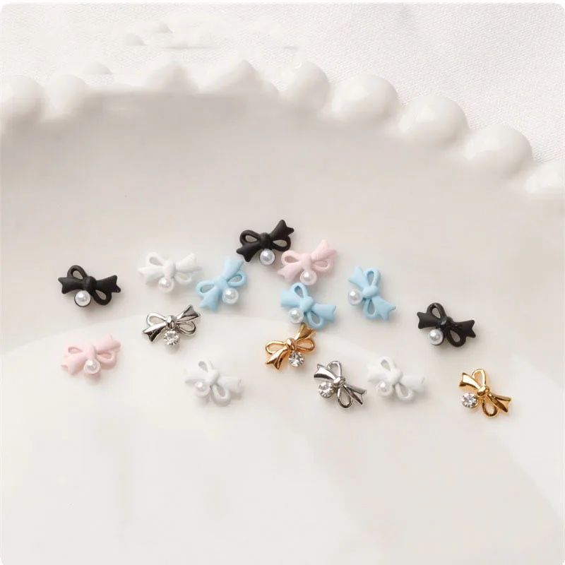 10 sztuk wstążka kokarda perła Nail Art Charms 3D stop Bowknot Nail Art dżetów dekoracje DIY części do Manicure akcesoria Kawaii