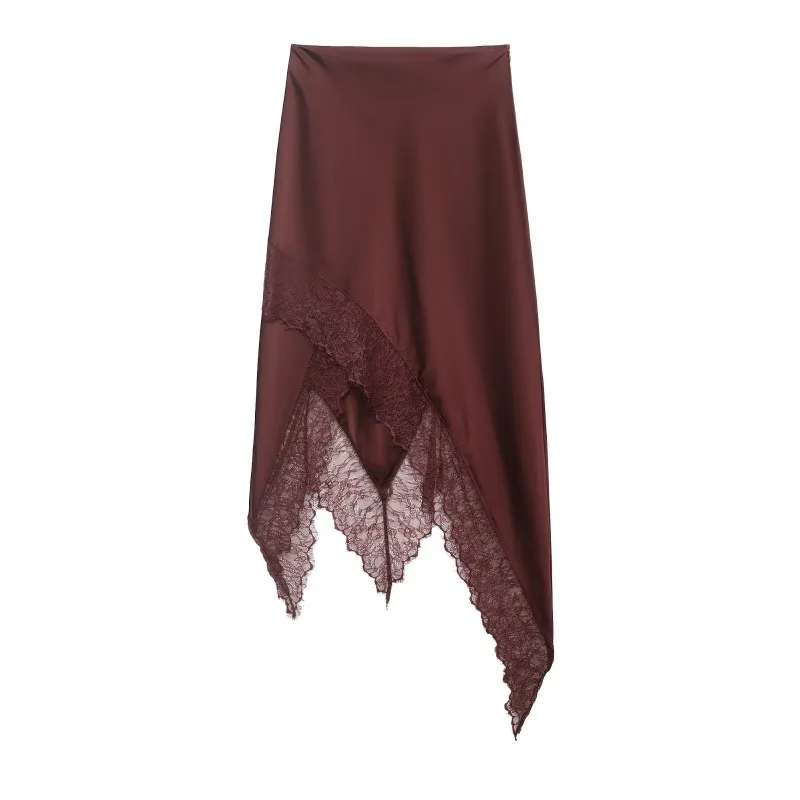 NINE ZAR Women's Lace Paneling Asymmetrical Slimming Sexy High Waist Midi Skirt Half Skirt Draping Sensual Mid-Length Dress