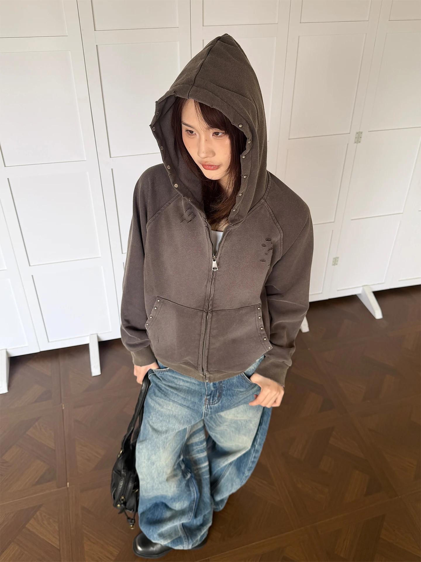 Sudadera con capucha unisex Don Cry Vintage lavada, de primavera, gruesa, holgada, de mezcla de algodón y poliéster, de manga larga con cremallera.