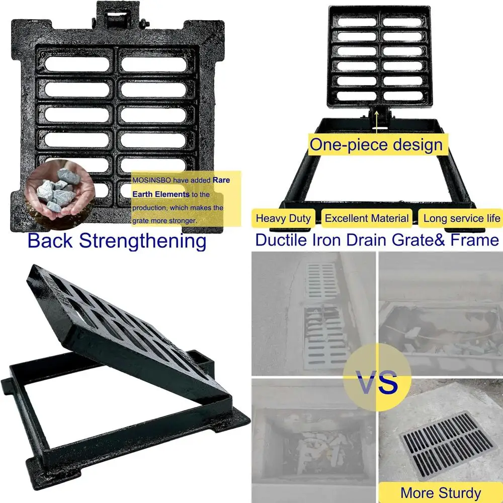 10x10 Heavy-Duty Outdoor Driveway Channel Cover, Square Metal Trench Drain Grate with Base for Garage Use