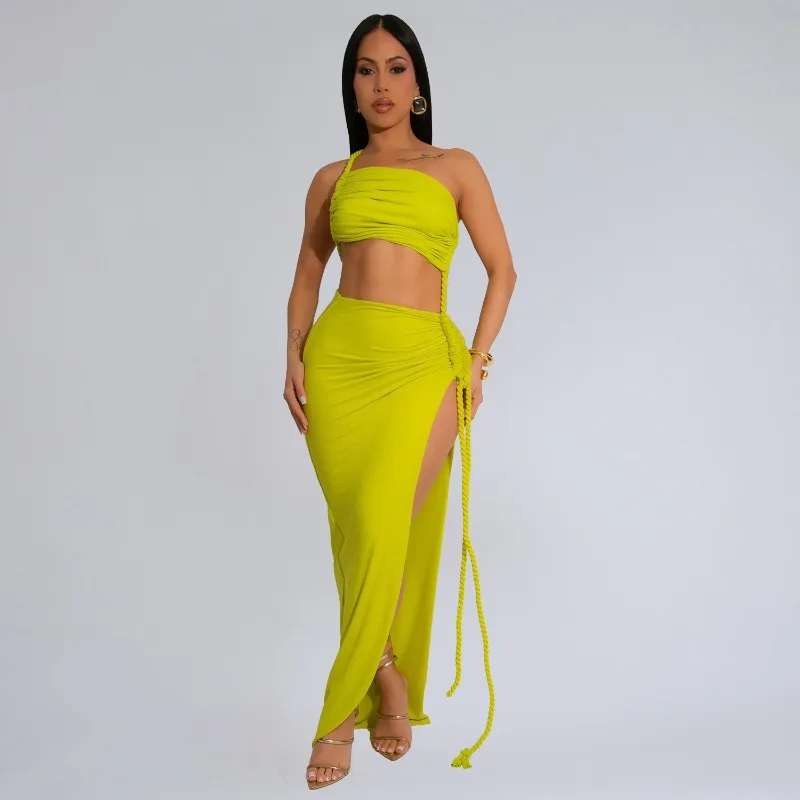 

KEXU Women Hollow Out Strap Ruched Side High Split Maxi Long Dress 2025 Summer Street Sexy Party Birthday Evening Dresses