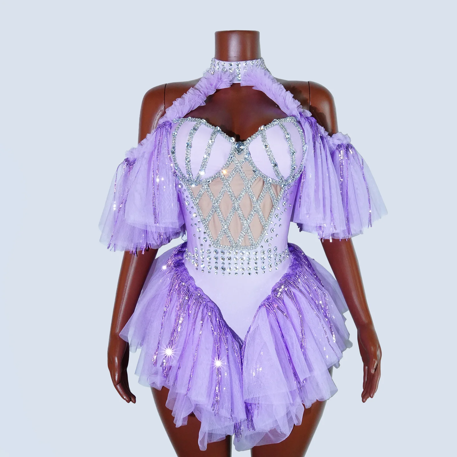 

Custom fashion Rhinestone purple Ruffle Bodysuit Women high elastic nightclub Prom Bar costume Stage Singer Show dance Leotard