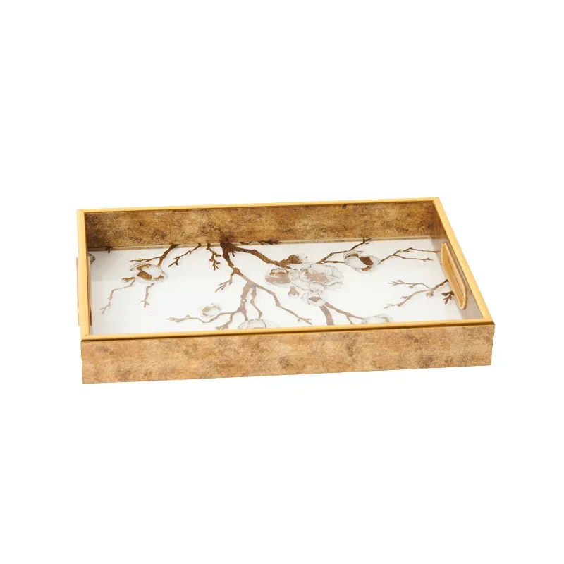 European light luxury gold flower branch pattern rectangular tray desktop storage plate jewelry plate decoration ornament
