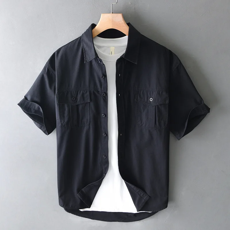 Men's Summer New Japanese workwear Fashion Versatile Loose Breathable Comfortable Solid Color Collar Short Sleeve Casual Shirt