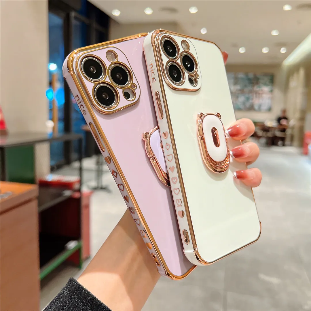 

Plating Bear Bracket Phone Case For iPhone 13 14 11 12 Pro Max XS X XR 7 8 Plus Mini SE2020 Shockproof Luxury Hand Stander Cover