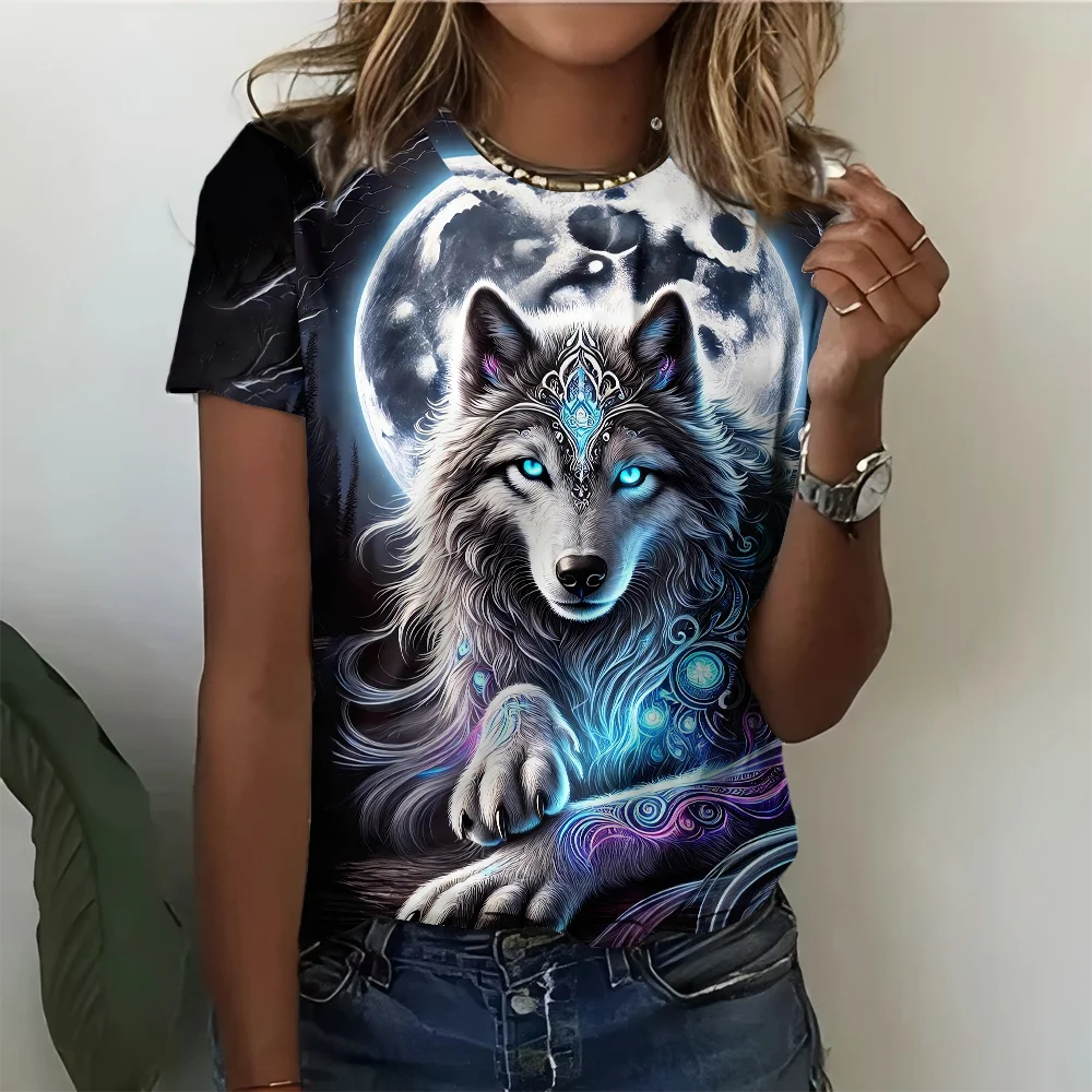 T-shirt col rond femme, imprimé en 3D, motif loup, Hip Hop Street Harajuku Plus Street, manches courtes noires, Streetwear Y2K, nouvelle collection