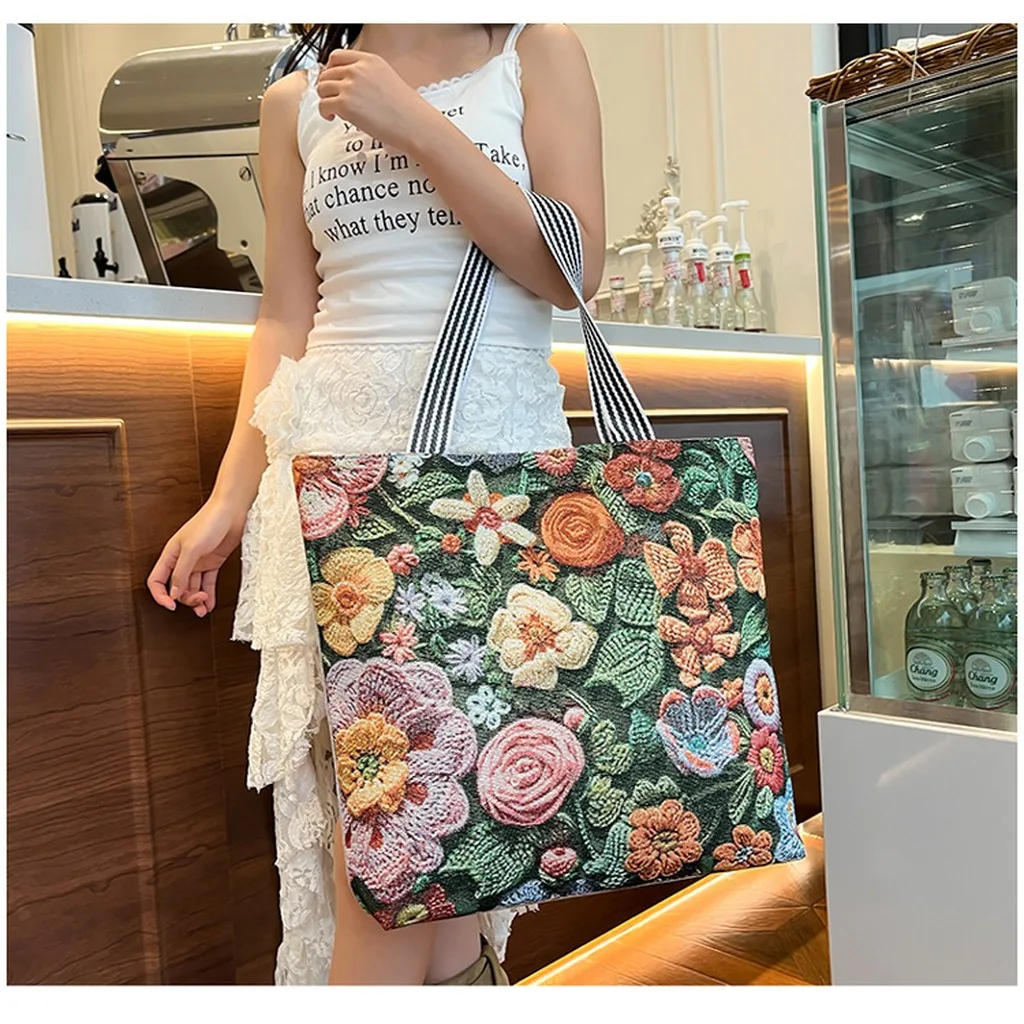 Canvas Tote Bag Women Peacock Jacquard Tapestry Large Shopping Shoulder Purse Ethnic Bohemian Embroidery Travel Handbag