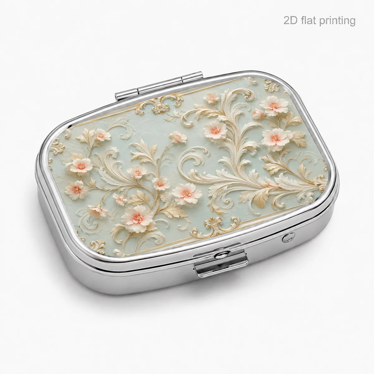 Single unit, flat-printed, light green floral embossed decorative pattern rectangular multi-compartment portable box, convenient for storage, used for storing pills or jewelry, multifunctional, suitable for home and travel, sealed and moisture-proof