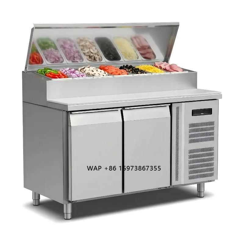 OEM Counter Fridge Sandwich Prep 2 Door Stainless Steel Pizza Prep Table Refrigerator for Commercial Kitchen