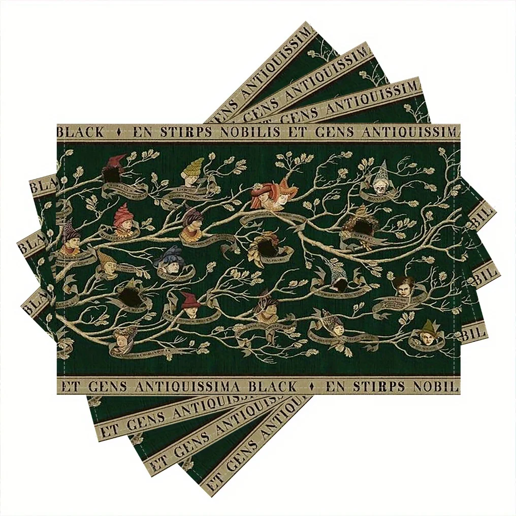 1-Pack Noble House of Black Family Tree Linen Placemats, for Family Gatherings, Parties, Kitchens, Restaurants