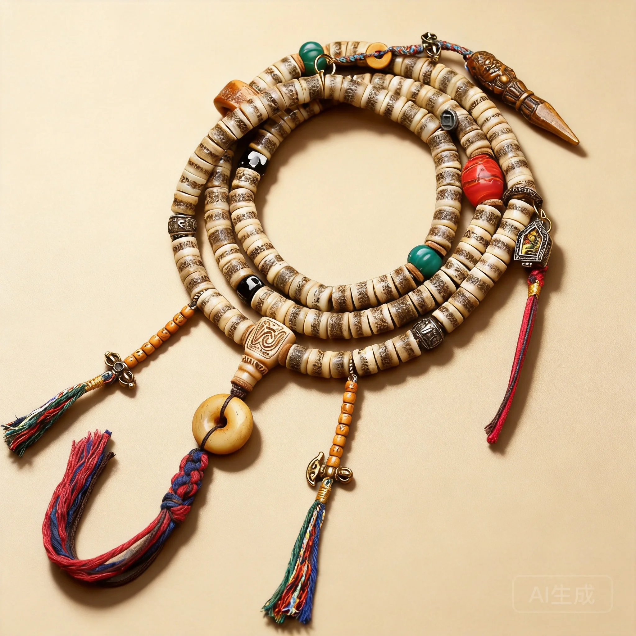 Chinese Style Tibetan 108 Pieces Yak Camel Bone Prayer Beads Mala Lucky Blessing Gawu Box Pendant Tassel Spiritual Meditation