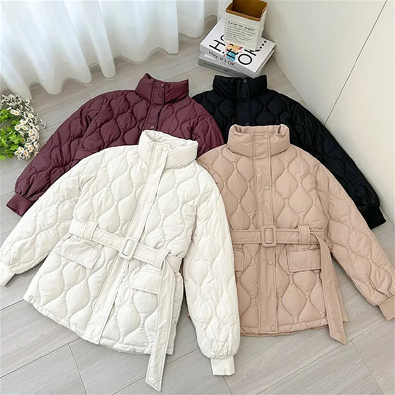 

2025 Fashion Quilted Cotton-padded Jacket Women's Parkas Autumn Winter Sashes Stand-up Collar Thicken Outerwear Lightweight Tops