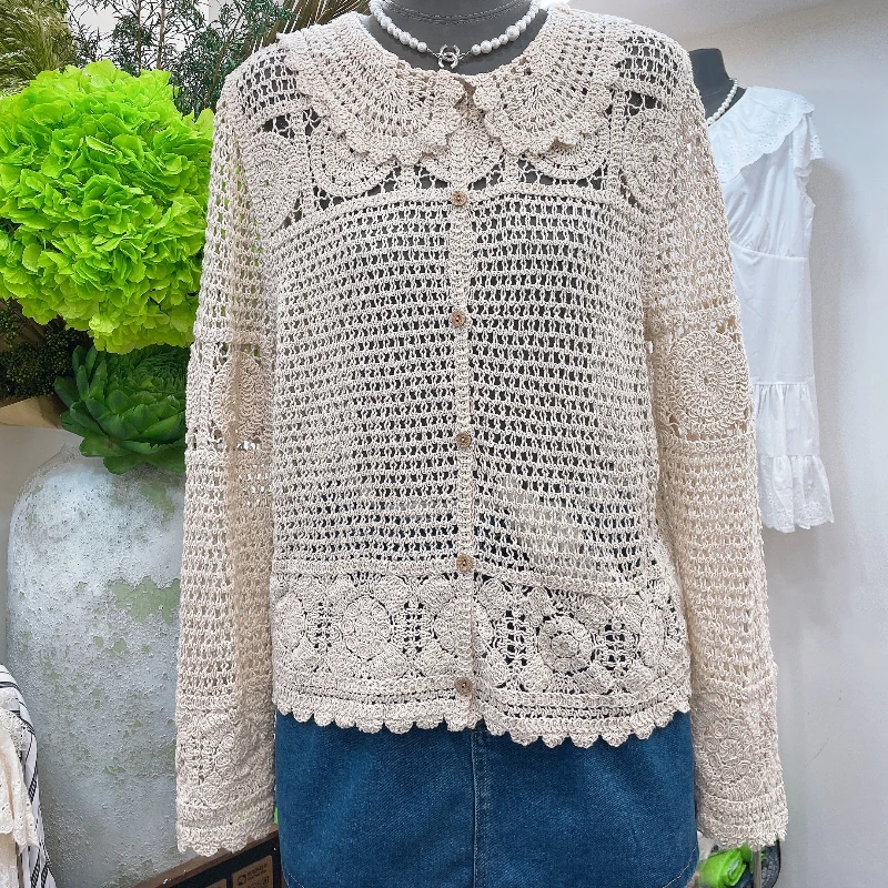 

Вязаная крючком рубашка в стиле бохо для женщин, однобортная однобортная вязаная блузка с длинным рукавом и воротником с открытой строчкой, кардиган, топ, пляжный наряд для отдыха