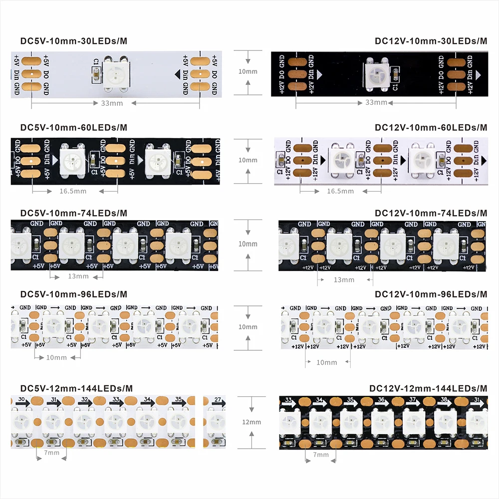 DC5V WS2812B LED 조명 개별 제어 가능한 LED 스트립 라이트 스마트 픽셀 WS2812 RGB 매직 라이트 블랙 화이트 PCB IP30 65 67