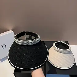 Luxury Rhinestone Sunscreen Panama Summer Women Empty Top Hat Large Brim UV Protection Beach Sun Hats Outdoor Sunshade Cap