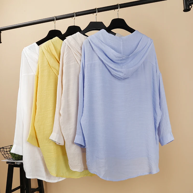 Women\'s Summer Cotton Linen Hoody Long Shirts Cardigan White Beige Yellow Blue Shirts Blouses Casual Loose Sun-Protection Top