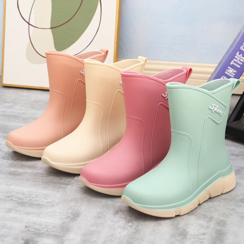 Fashion Women\'s Rain Boots Mid-tube Rain Shoes For Women PVC Thick-soled Non-slip Rubber Shoes Waterproof Kitchen Work Boots