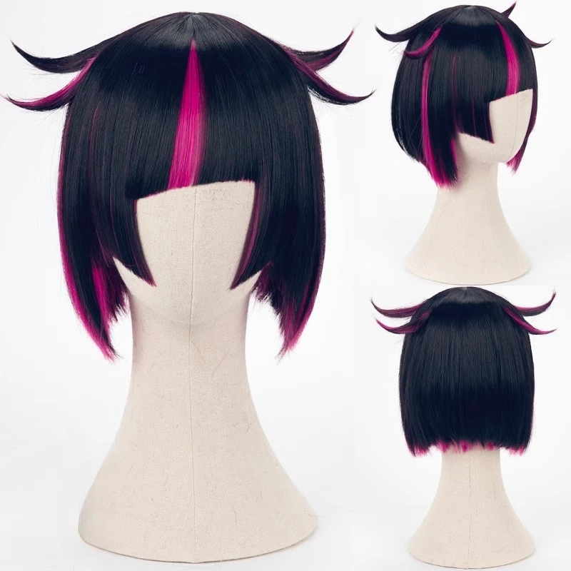 Peluca de Cosplay Lilia Vanrouge, pelo sintético corto mezclado, negro y morado, resistente al calor, pelucas de Anime para fiesta de Halloween, gorro de peluca y orejas