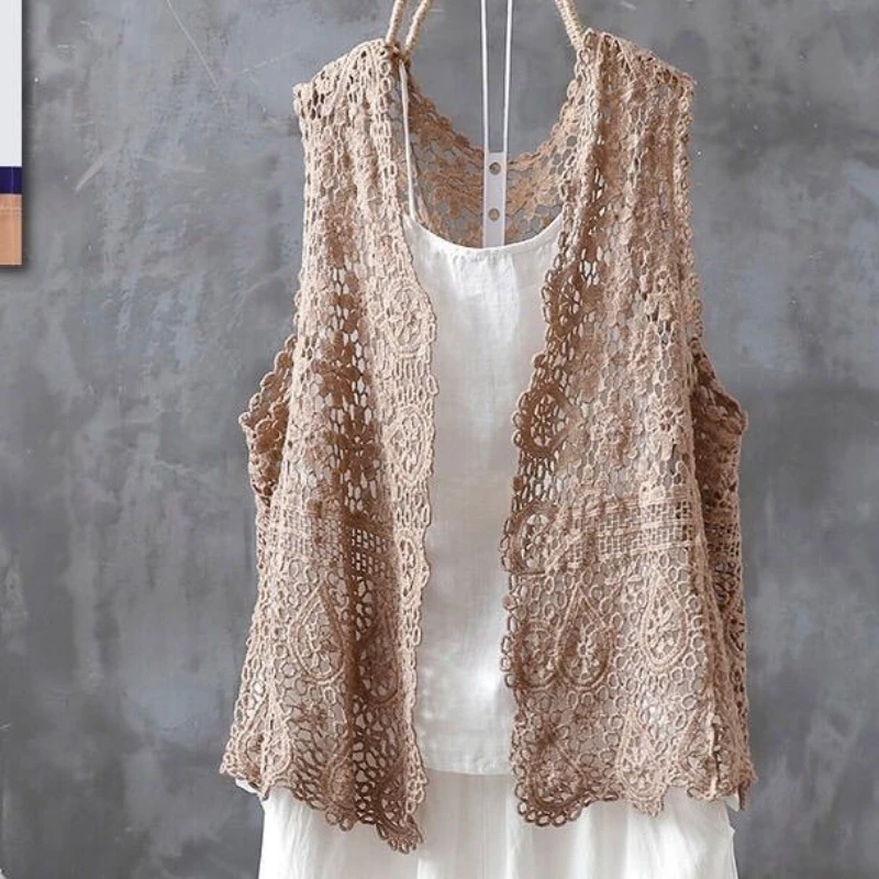 Women V-Neck Hollow Out Crochet Vest Female Sleeveless Jacket Cotton Lace Waistcoat Knitted Embroidery Cardigan Knit Vest Q311