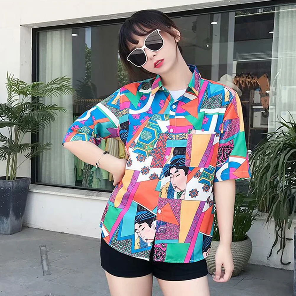 Man and Woman Vintage Shirt Hawaii Beach Wear Short Sleeves and Turn-down Collar Tops Casual Loose T-Shirt