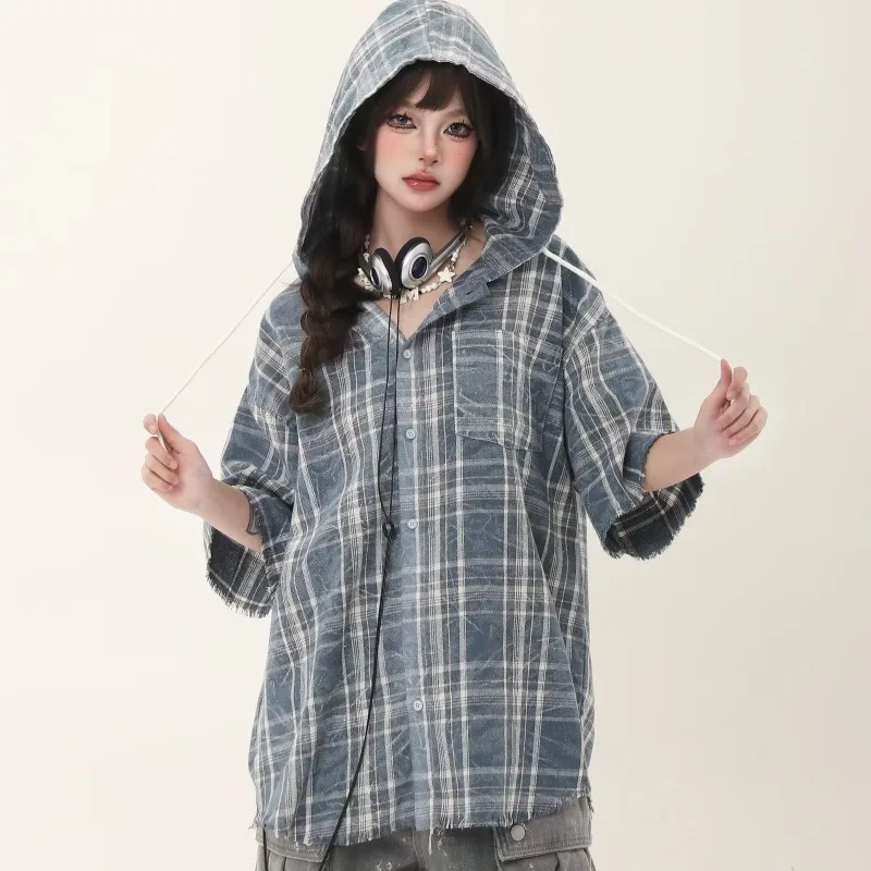 

DAYIFUN Plaid Hooded Shirt for Women American Summer Vintage Short Sleeved Lady Clothes Fashion Casual Loose Versatile Top