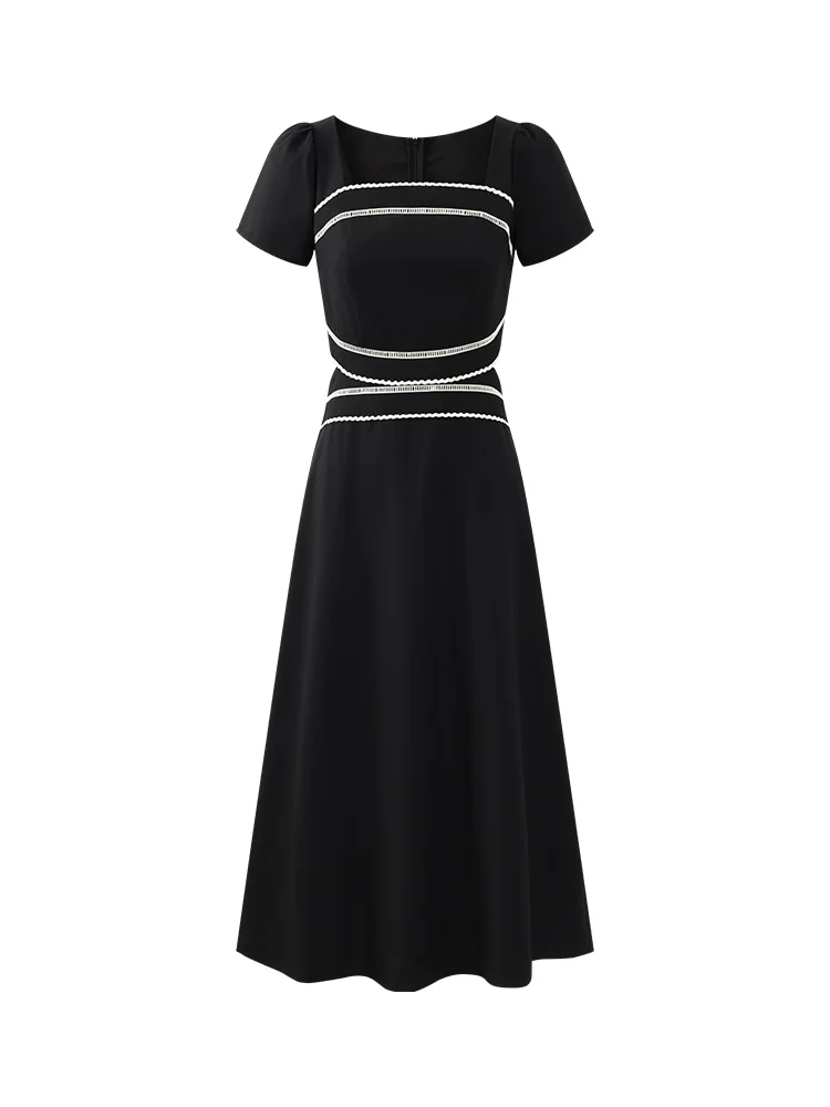 Elegant Lace Hollow Out Black Midi Dress for Women Summer Slim Fit Short Sleeve A-Line Gown Chic Waist Cutout Patchwork Outfit