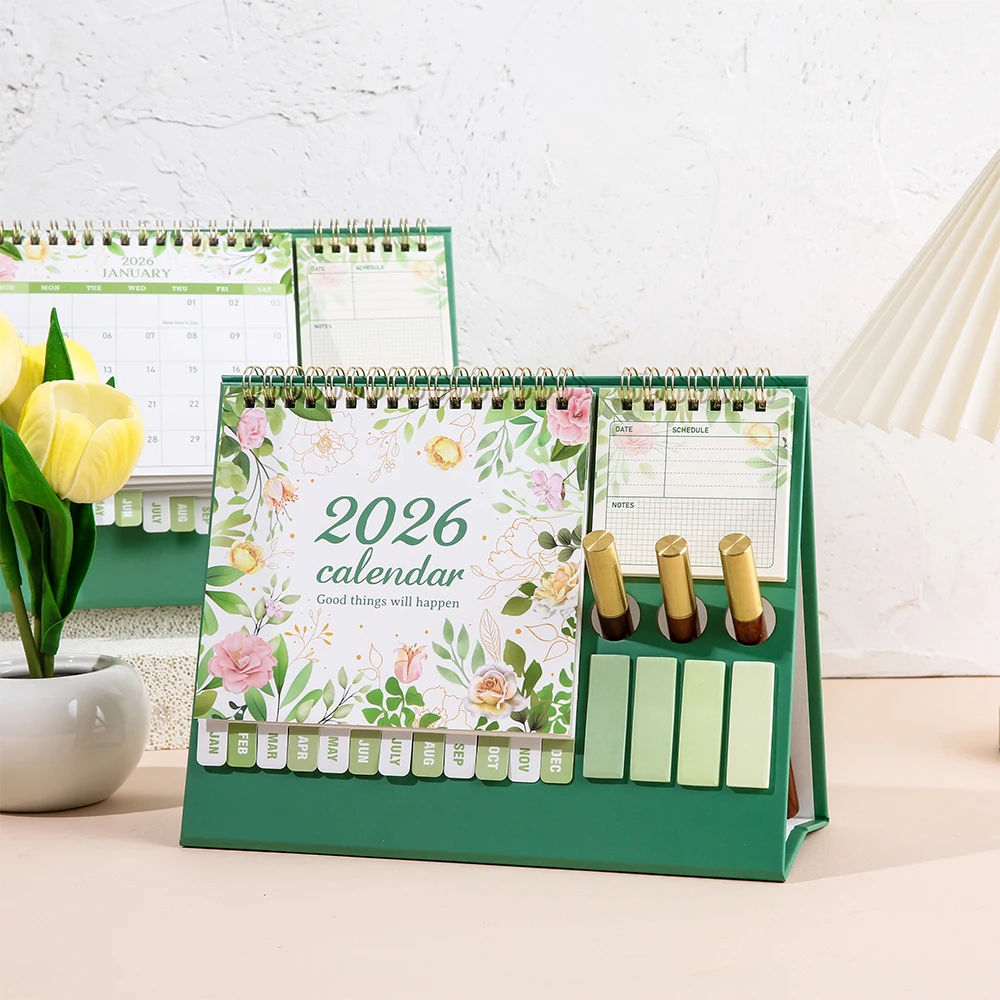 

2026 Flower Desk Calendar With Stickers & Pen Holder Multifunctional Monthly Daily Planner For Home Office School Organization