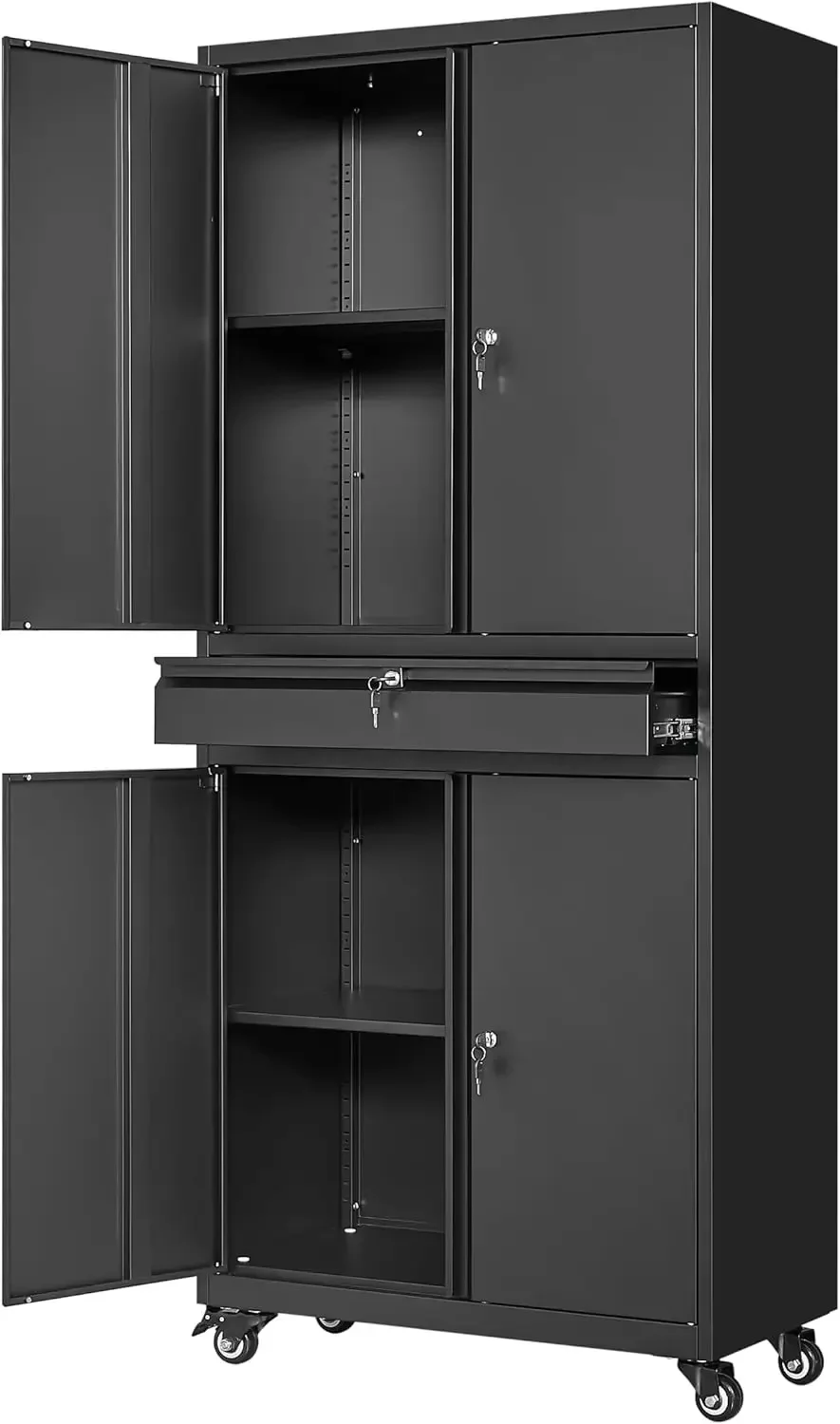 Metal Garage Storage Cabinet with Locking Doors and Adjustable Shelves, Rolling Tool Storage Cabinet with 4 Wheels and 1 Drawer