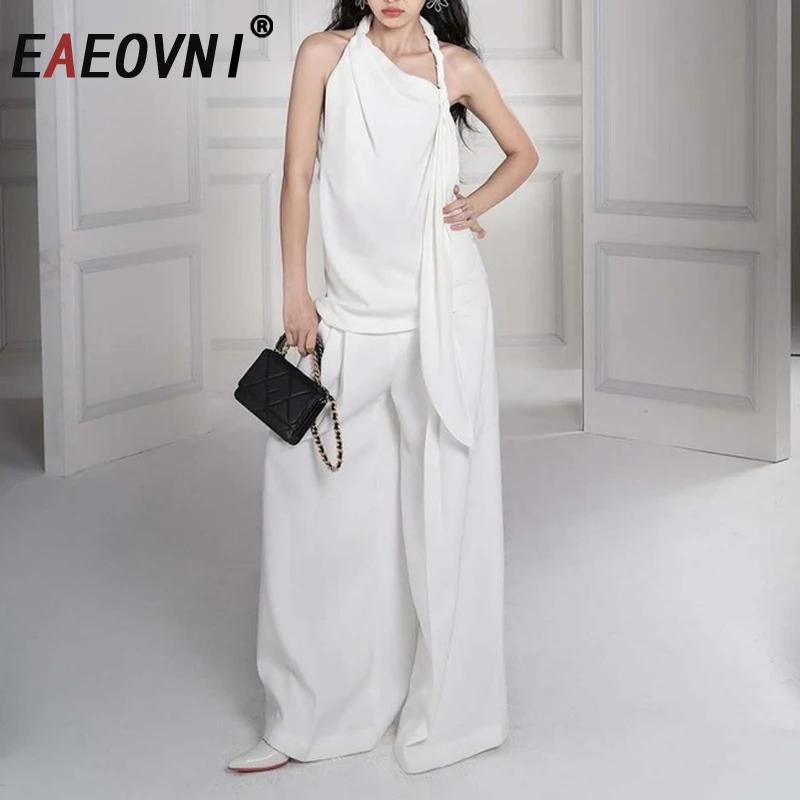 

EAEOVNI Casual Solid Color Two Piece Set Women Irregular Collar Sleeve Blouse + Wide Leg Pants Fashion 2025 Summer New Clothing