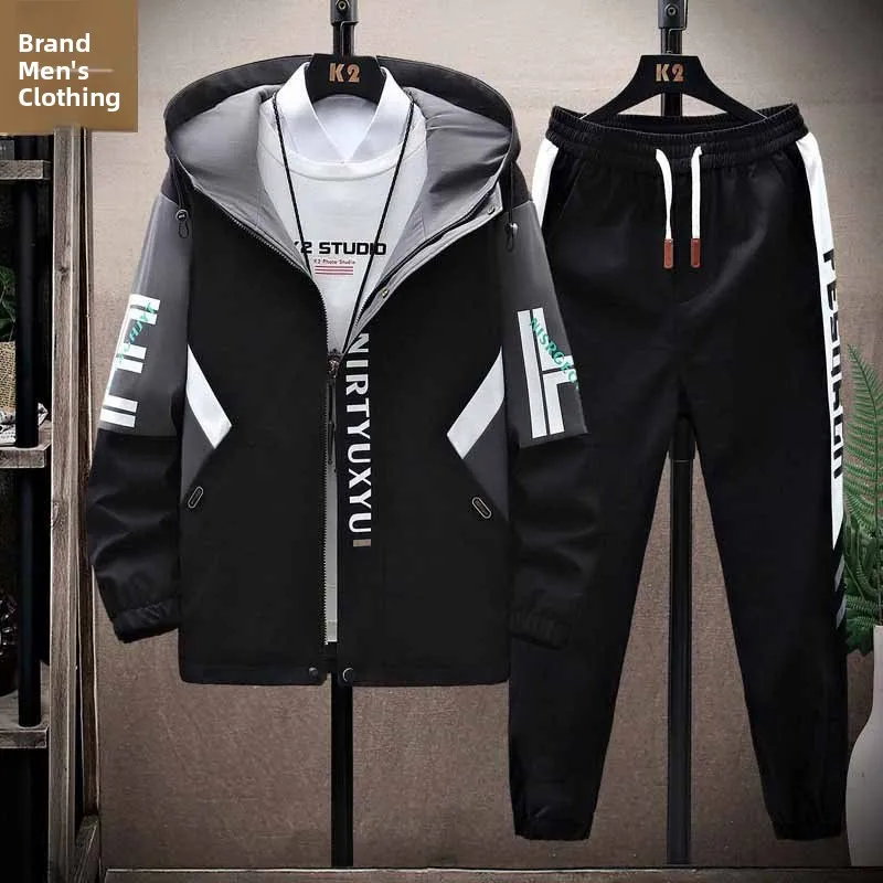 

Новый молодежный комплект 2025 года: модный повседневный костюм-двойка с капюшоном для мужчин, осень-зима, из полиэстера, с длинными рукавами