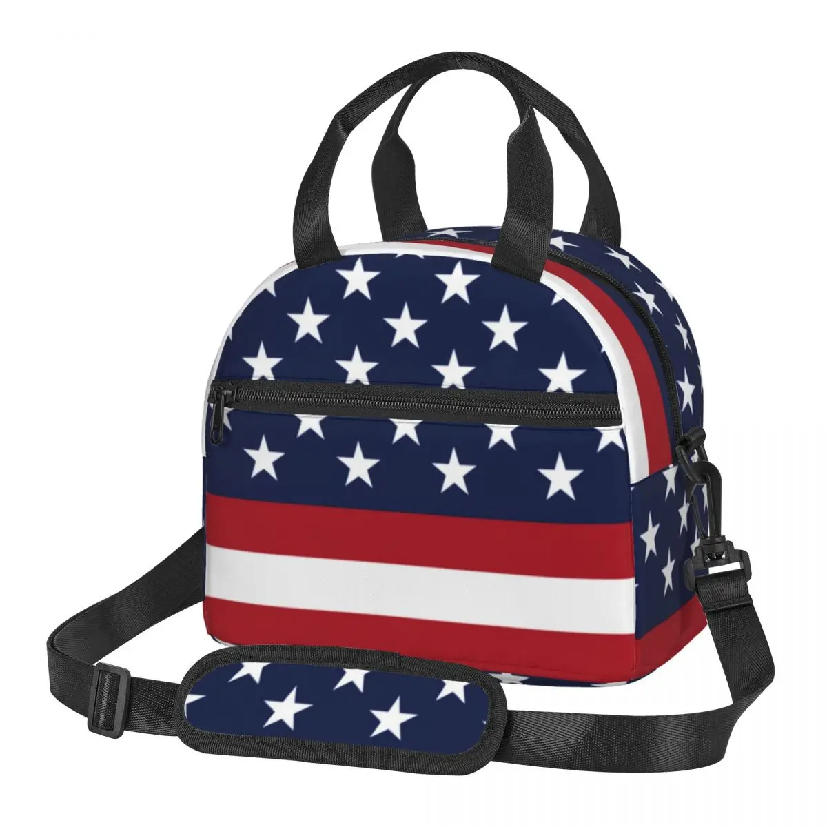 American Flag Patriotic Lunch Bag with Handle Stars and Stripes Capri Clutch Cooler Bag Office Fancy Pearl Cotton Thermal Bag