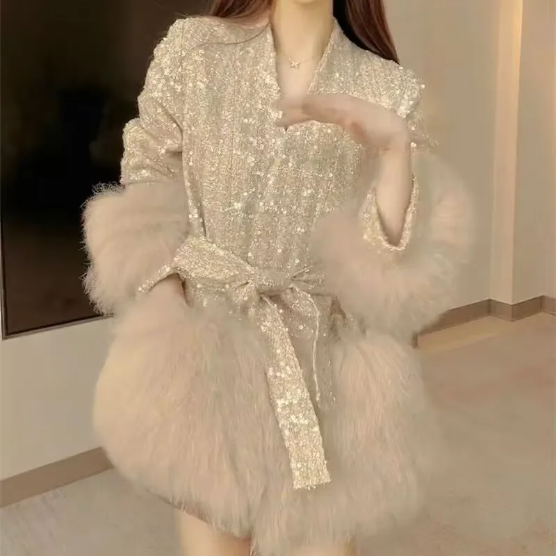 Women Bling Gold 2024 Cardigans Long Sleeve Embellish Knit Coat Outerwear Loose Korea v-neck fur coat  Open Stitch Lady