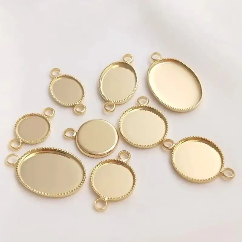 

14K Light Gold Oval Round Ring Face Empty Holder Handmade DIY Inlaid Tray Double Hanging Single Hanging Material Accessories