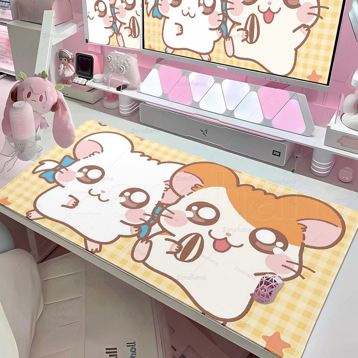 Large Anime Kawaii Hamster Mousepad H-Hamtaro Deskpad PC Gaming Mechanical Keyboard Tablemat HD Rubber Non-Slip Overlock Playmat
