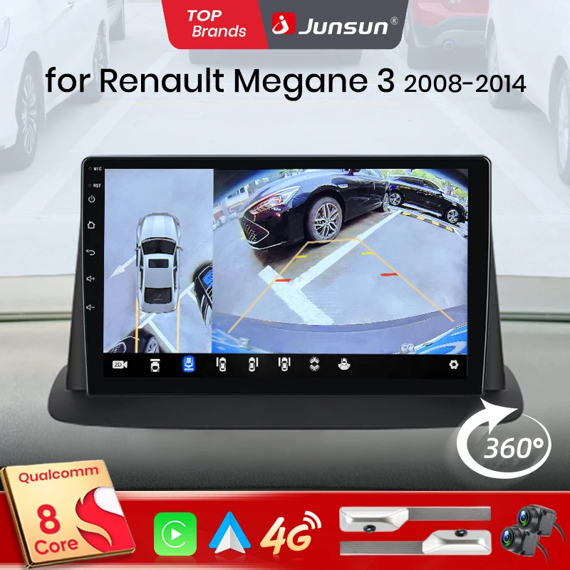 Junsun Qualcomm 8 cœurs 360 °   Caméra panoramique CarPlay Android Auto autoradio pour Renault Megane 3 Fluence Samsung SM3 2008-2014