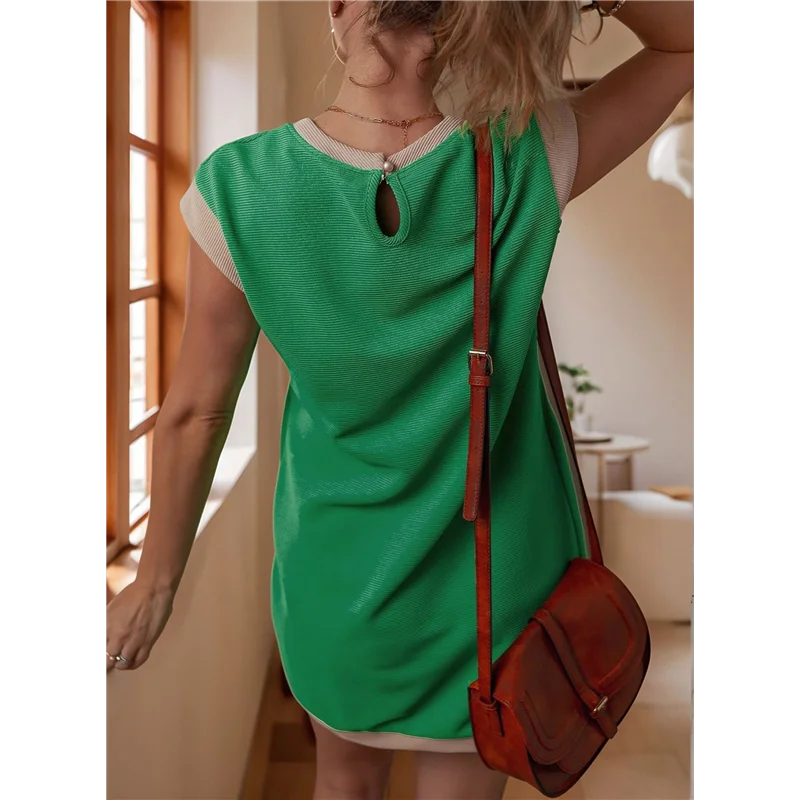 【SEE】 Robes d'été décontractées pour femmes, mode, manches cape, bloc de couleurs, col rond, t-shirt, Mini robe