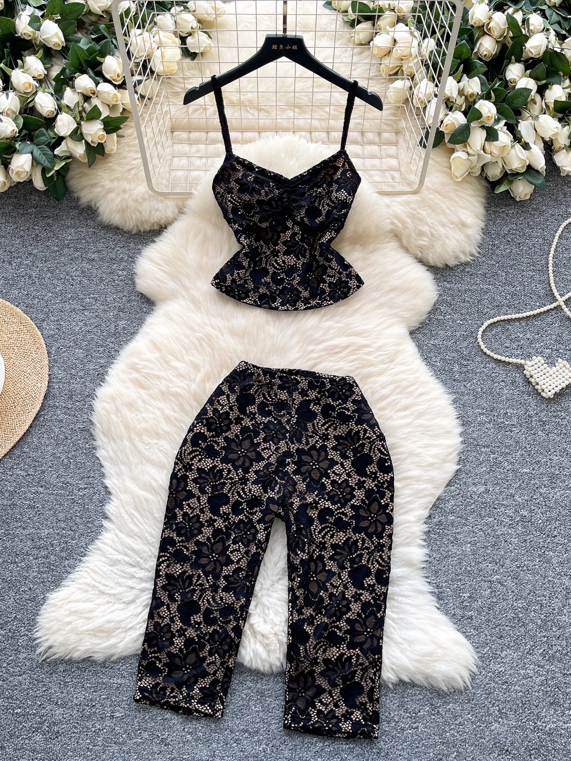 Ele Lace High Waist ort Pants Women's Summer Set Strapl Crop Top plus Long Sve V-Ne Two-Piece Faionable Outfit